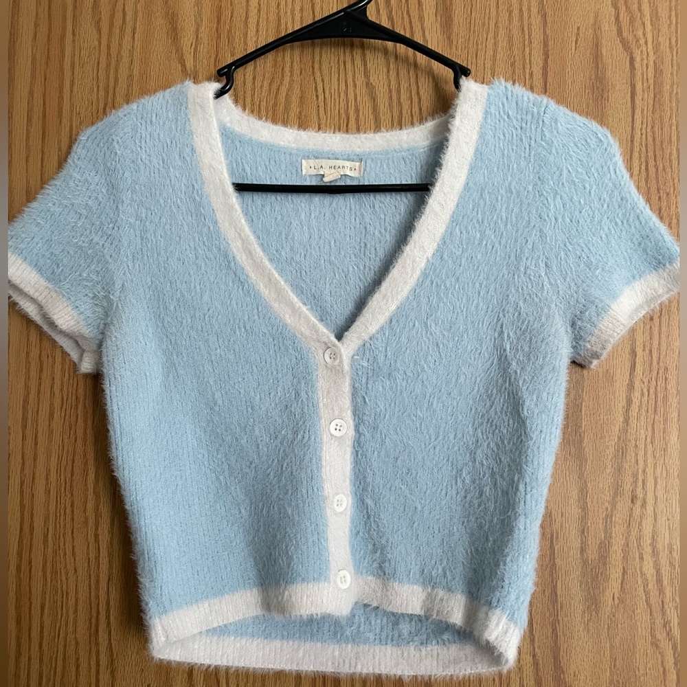 light blue short sleeve cardigan sweater